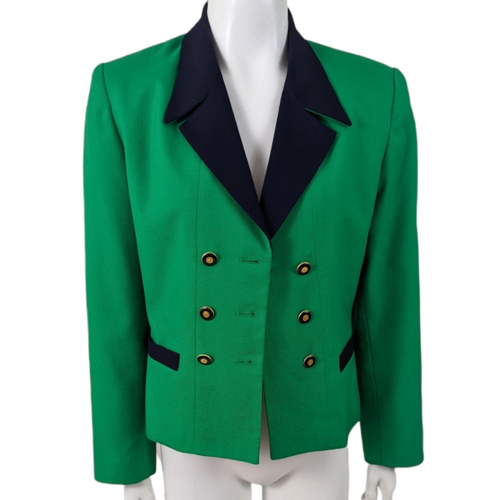 Kasper Vintage 90s Blazer Womens 8 Green Navy Blue Spread Collar Power Suit
